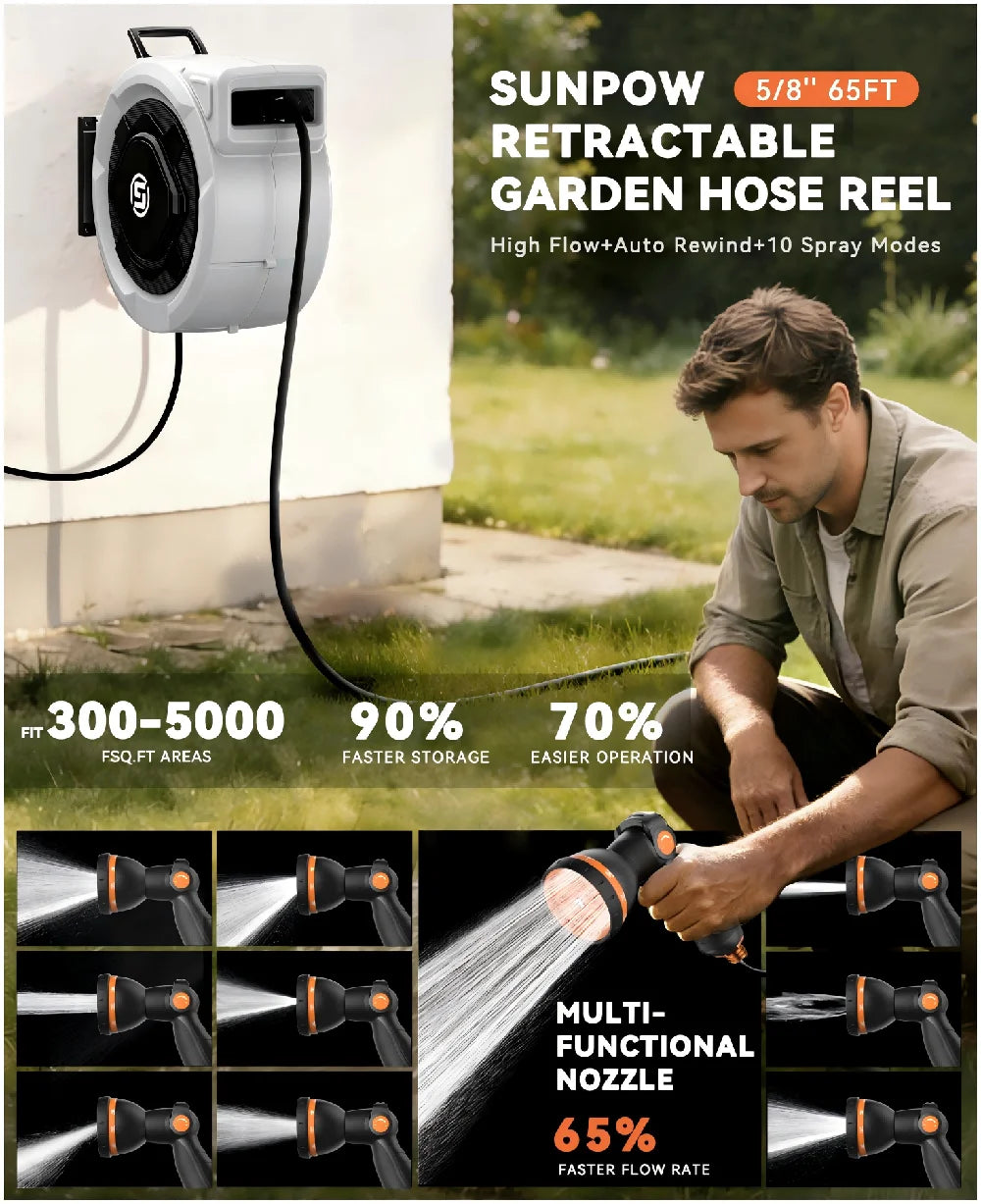 SUNPOW Retractable Garden Hose Reel,5/8in×100FT