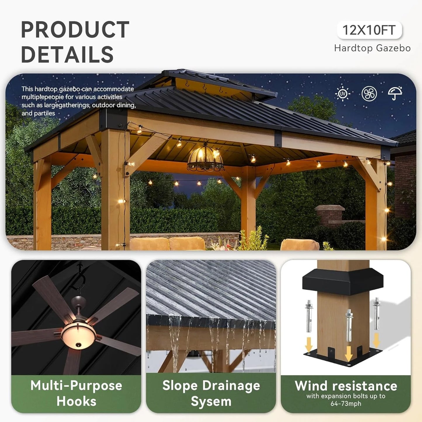 Nordivale 10x12FT Cedar Wood Hardtop Gazebo