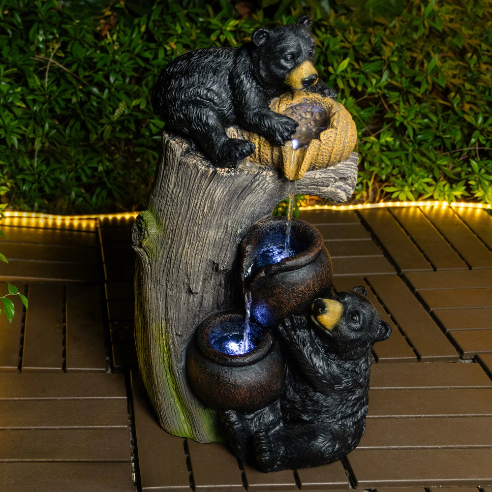 Bear Outdoor Water Fountain with LED Lights Cascading