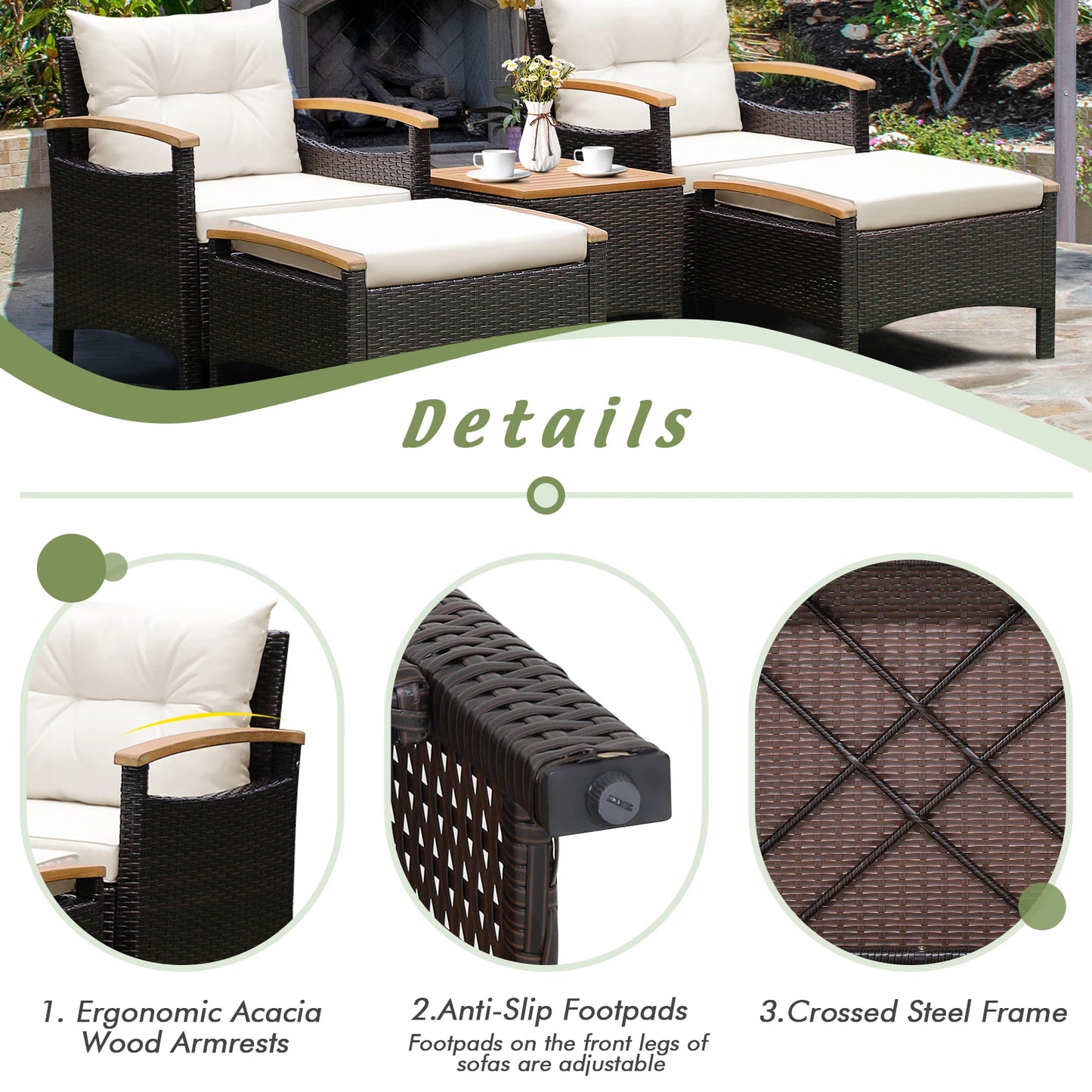 5PCS Patio Rattan Furniture Set Sofa Ottoman Cushioned