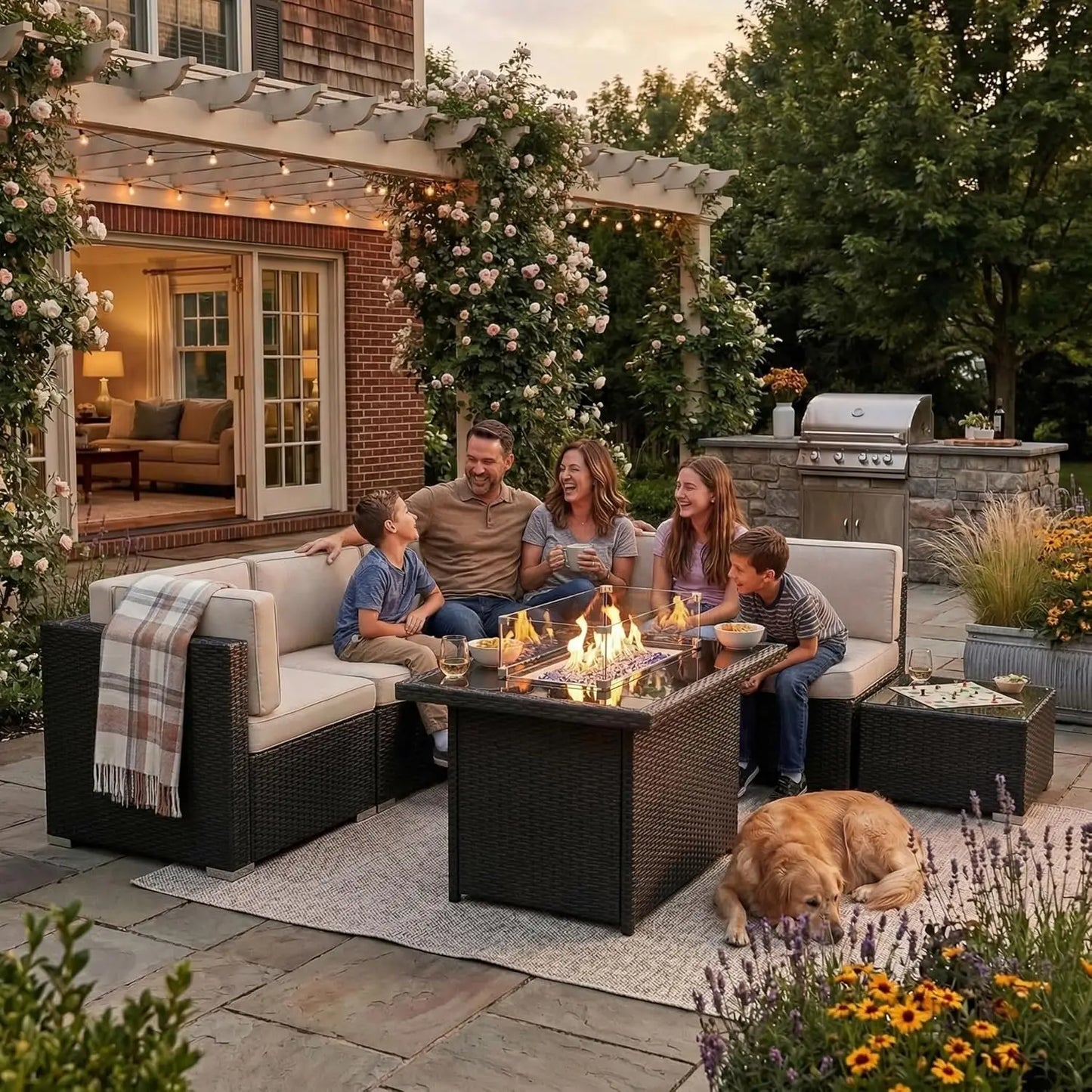 8 Pieces Patio Furniture Set with 44" Propane Gas Fire Pit
