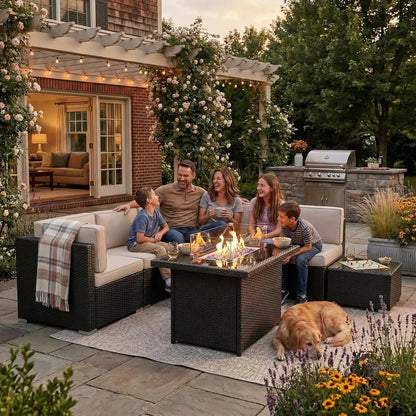 8 Pieces Patio Furniture Set with 44" Propane Gas Fire Pit