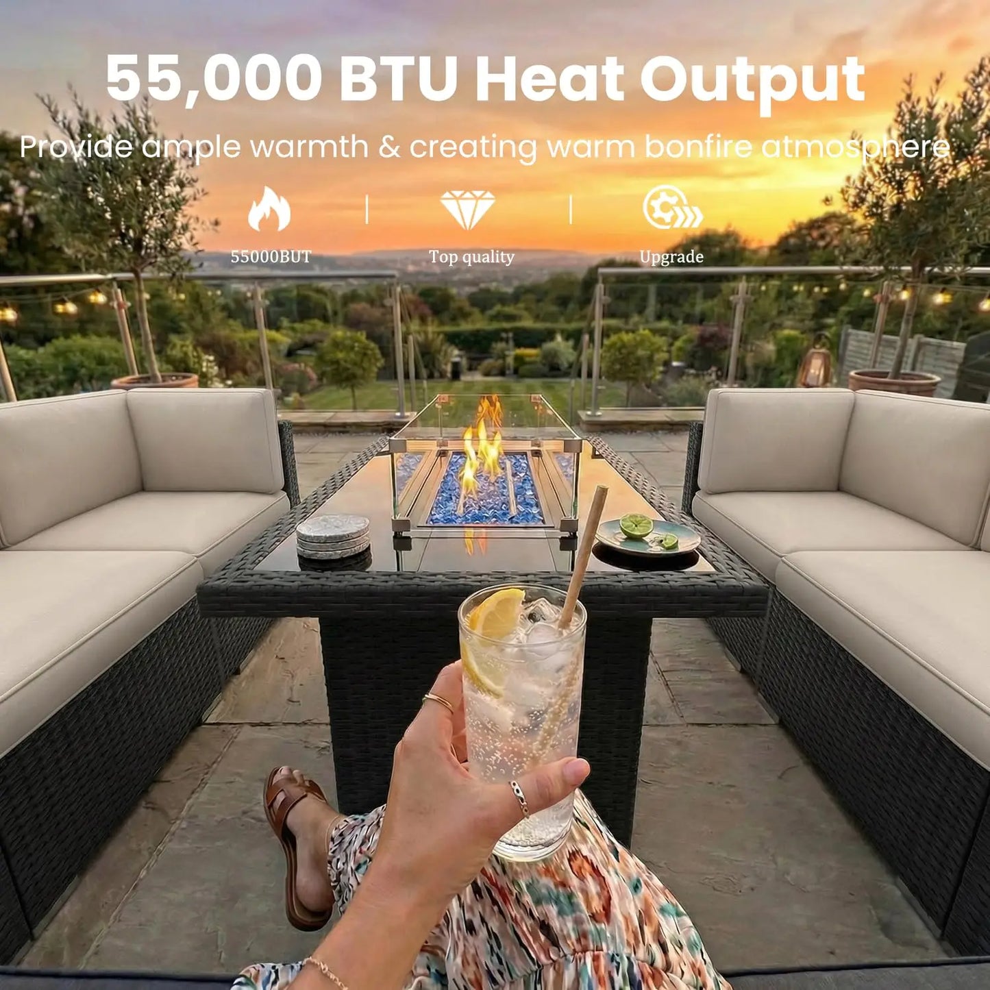 8 Pieces Patio Furniture Set with 44" Propane Gas Fire Pit