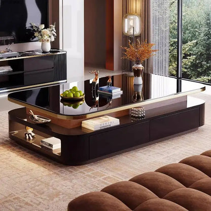 White Glass Coffee Table Black Decoration Drawer