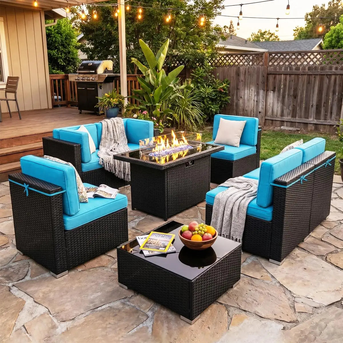 8 Pieces Patio Furniture Set with 44" Propane Gas Fire Pit
