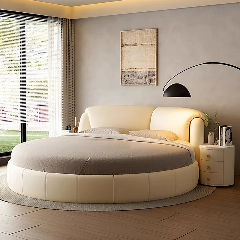 Luxury Modern Genuine Leather Round Double Bed