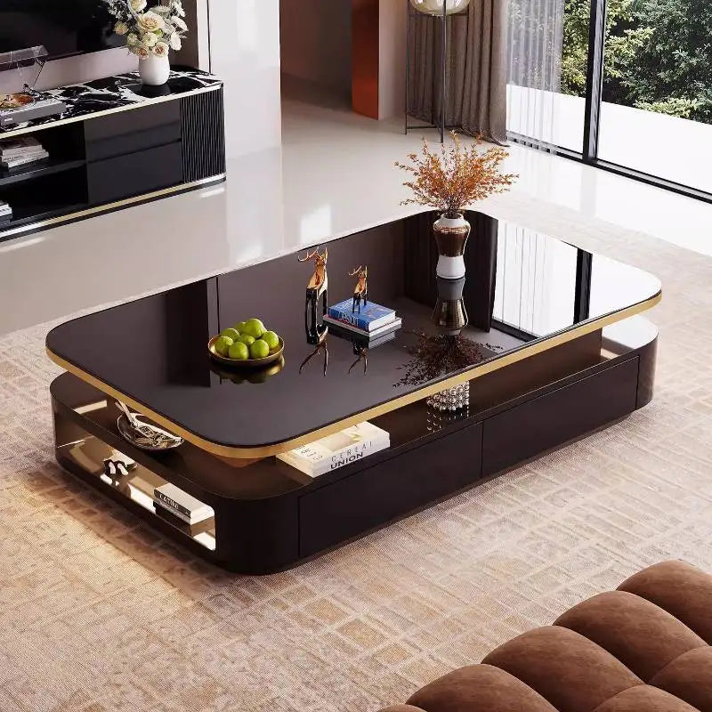 White Glass Coffee Table Black Decoration Drawer