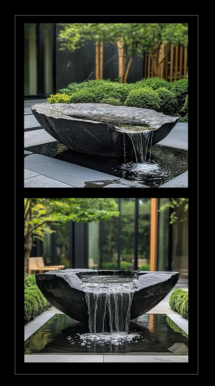 FZ  Black Mountain stone water bowl basin courtyard