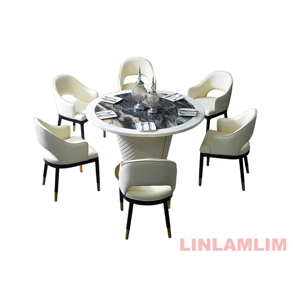 Marble Dining Table with 6 Upholstered Genuine Leather Chairs