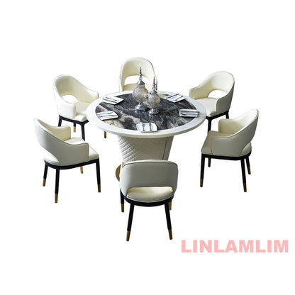 Marble Dining Table with 6 Upholstered Genuine Leather Chairs