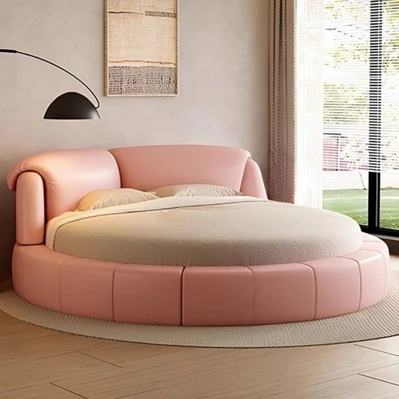 Luxury Modern Genuine Leather Round Double Bed