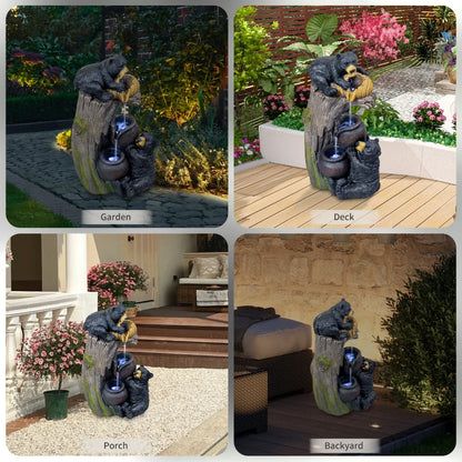 Bear Outdoor Water Fountain with LED Lights Cascading