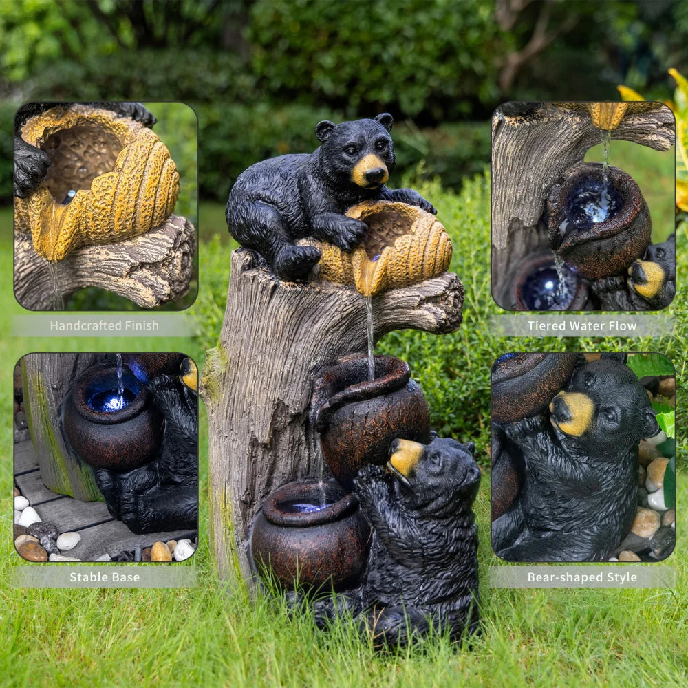 Bear Outdoor Water Fountain with LED Lights Cascading
