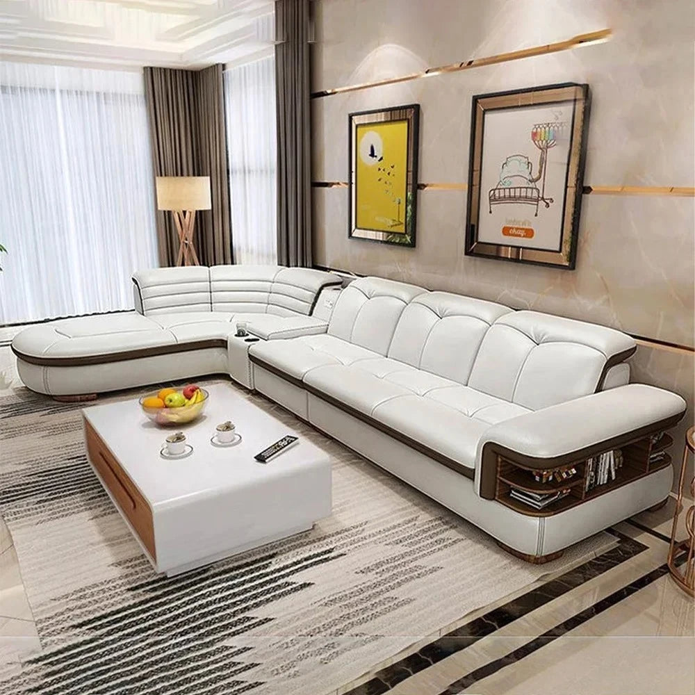 Luxury L-Shaped Genuine Leather Sectional Sofa