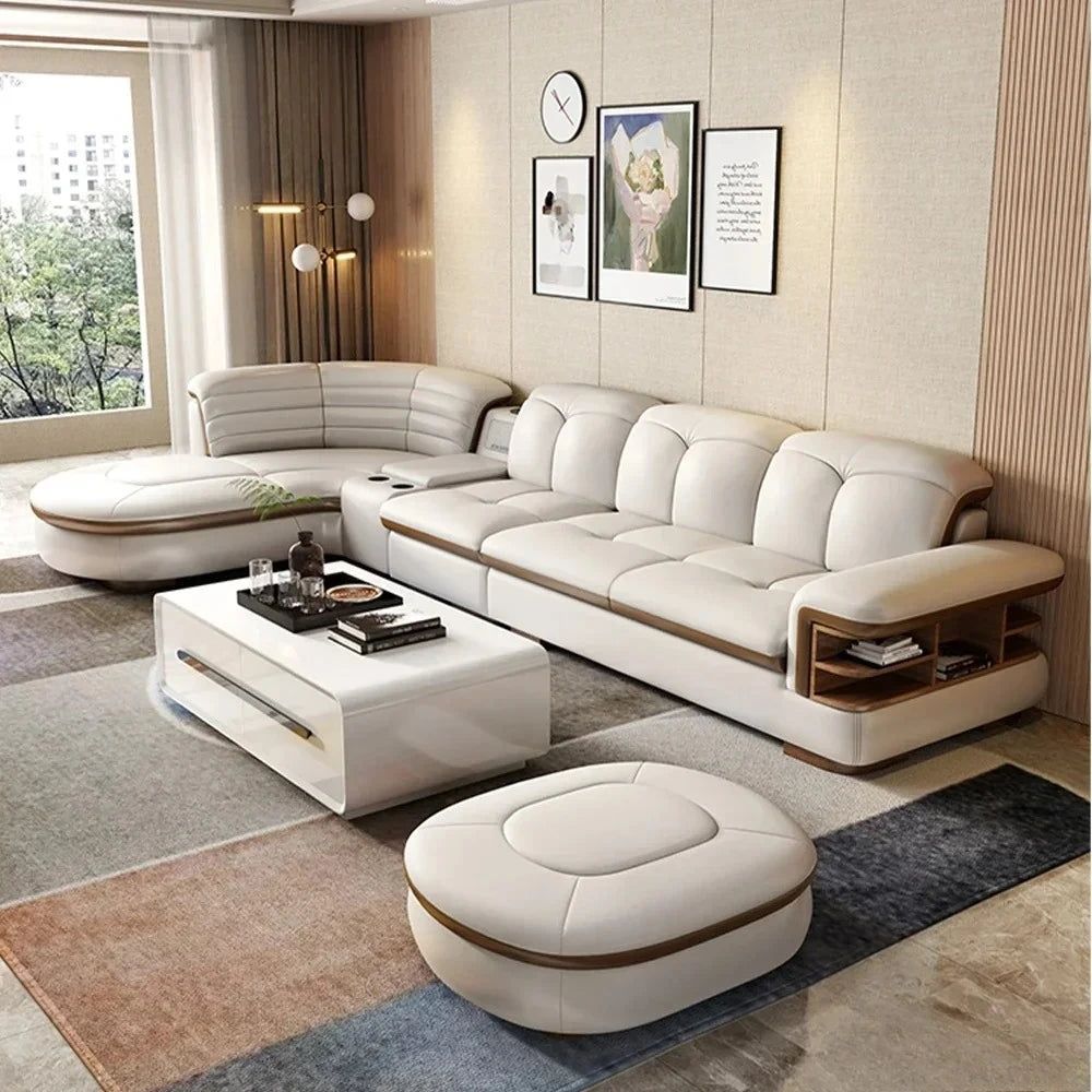 Luxury L-Shaped Genuine Leather Sectional Sofa