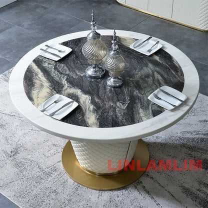 Marble Dining Table with 6 Upholstered Genuine Leather Chairs