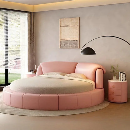 Luxury Modern Genuine Leather Round Double Bed