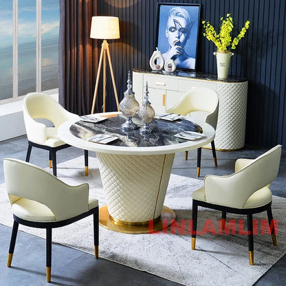 Marble Dining Table with 6 Upholstered Genuine Leather Chairs
