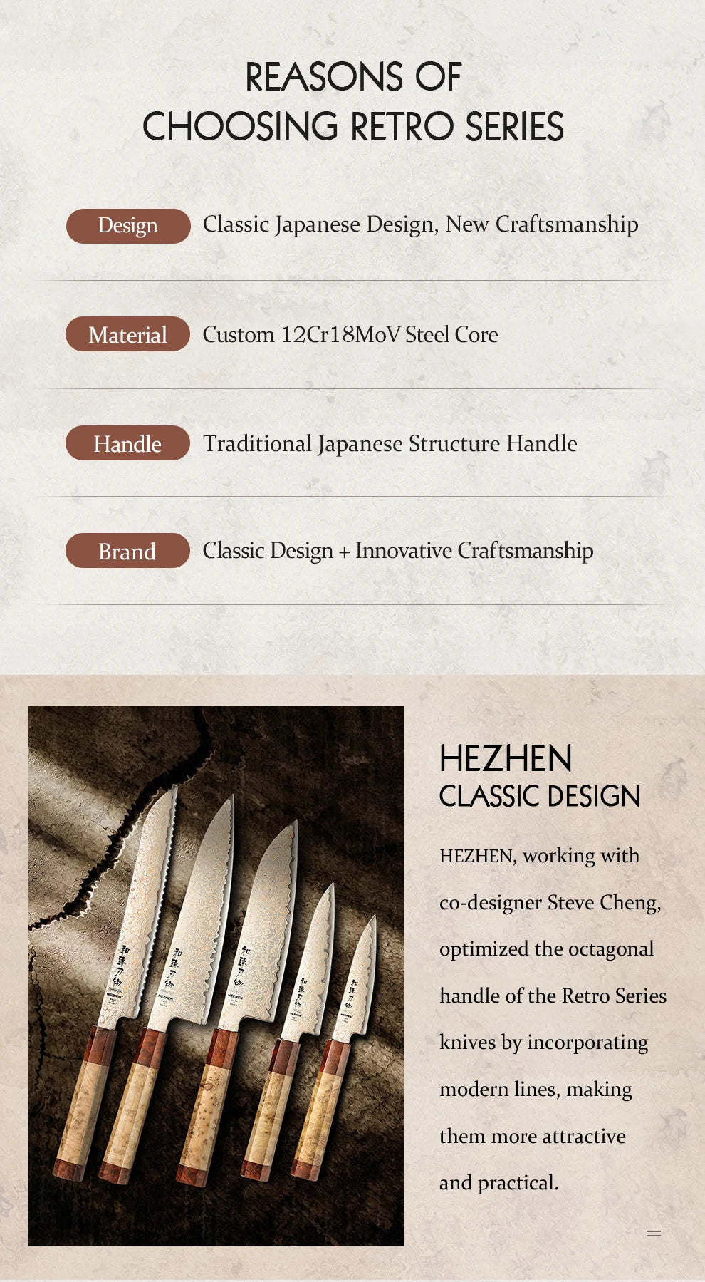 HEZHEN 5PC Knife Set 37 Layers Tri-Color Copper