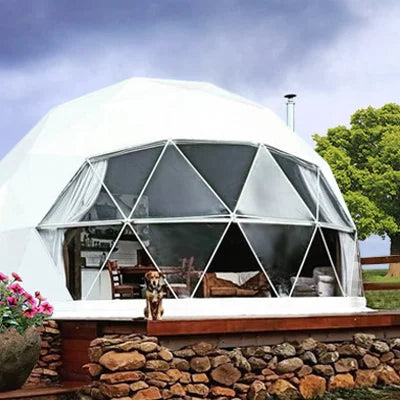 Flame retardant geodesic dome tent, aluminum foil