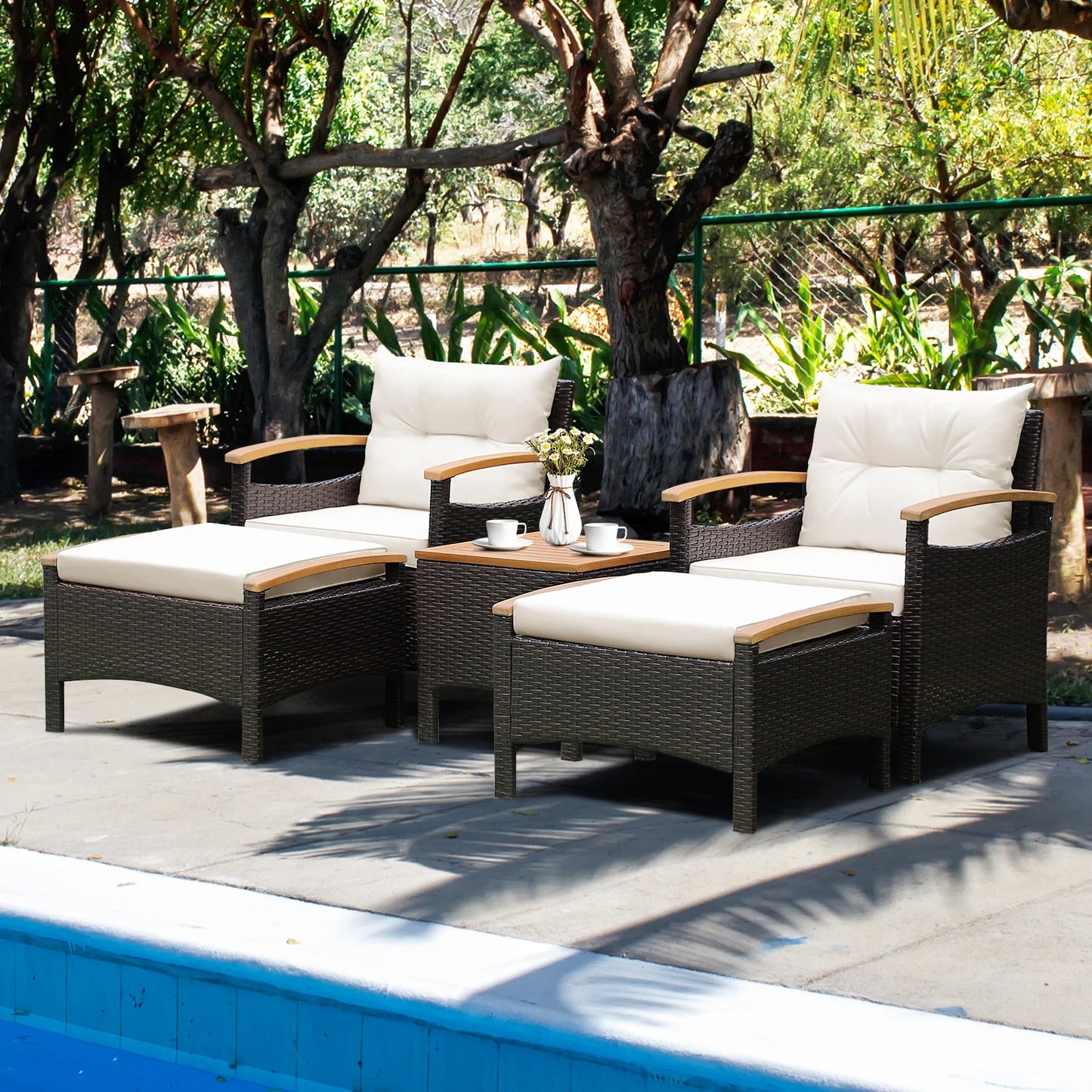 5PCS Patio Rattan Furniture Set Sofa Ottoman Cushioned