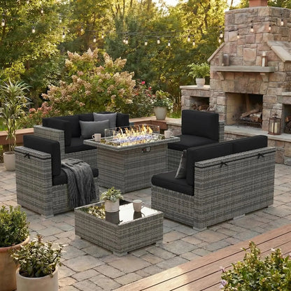 8 Pieces Patio Furniture Set with 44" Propane Gas Fire Pit