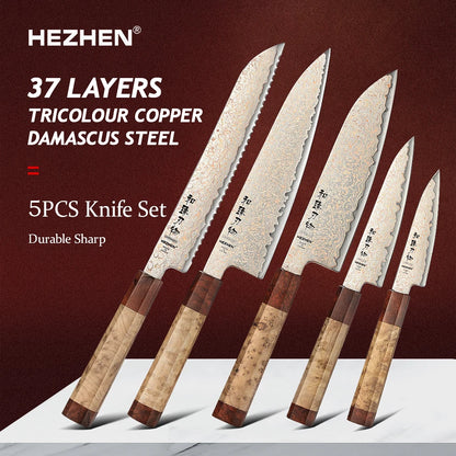 HEZHEN 5PC Knife Set 37 Layers Tri-Color Copper