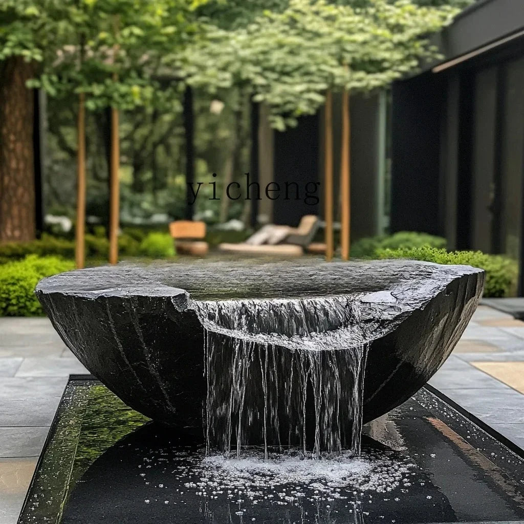 FZ  Black Mountain stone water bowl basin courtyard