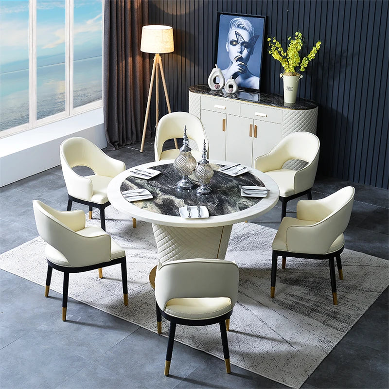 Marble Dining Table with 6 Upholstered Genuine Leather Chairs