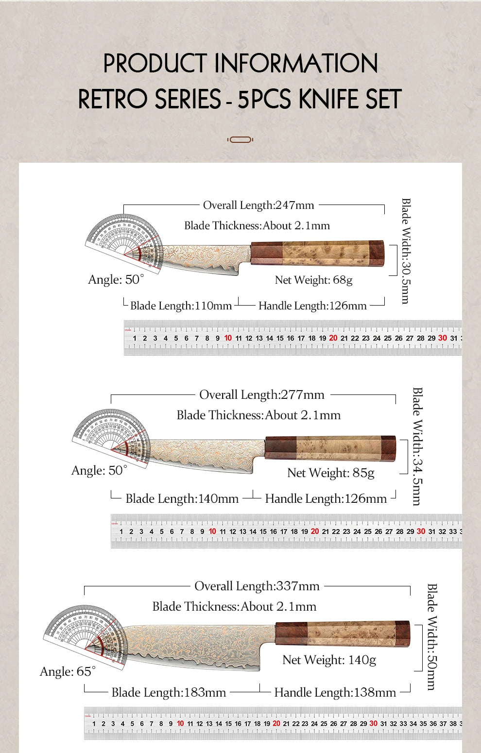 HEZHEN 5PC Knife Set 37 Layers Tri-Color Copper