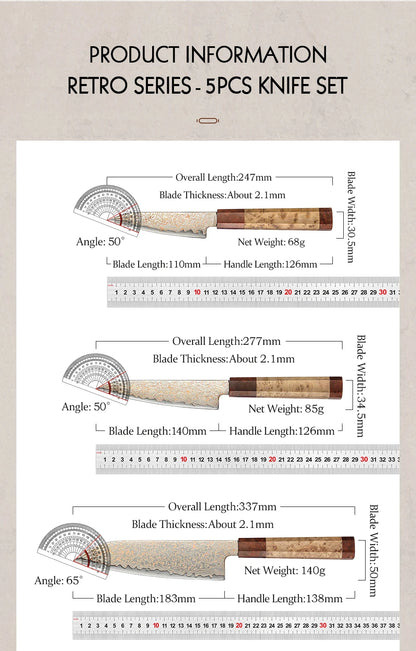 HEZHEN 5PC Knife Set 37 Layers Tri-Color Copper
