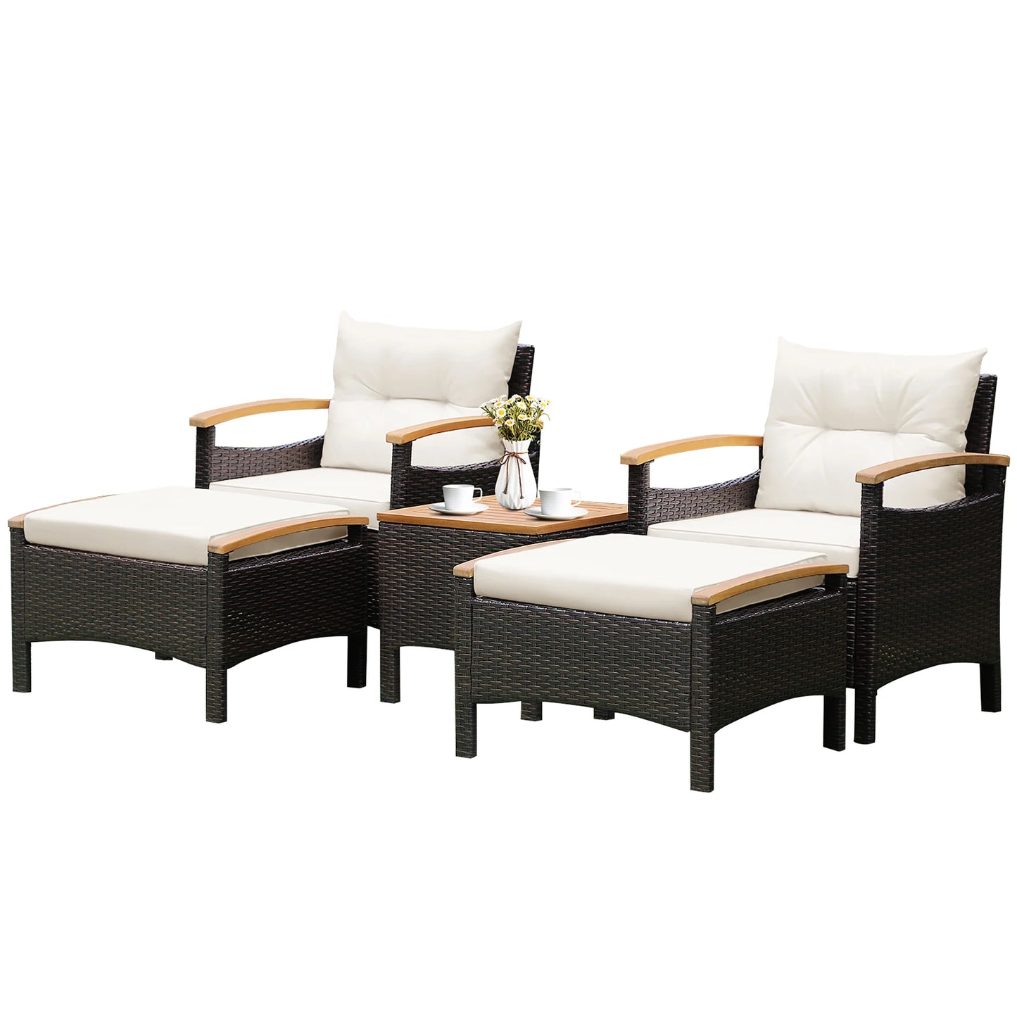 5PCS Patio Rattan Furniture Set Sofa Ottoman Cushioned