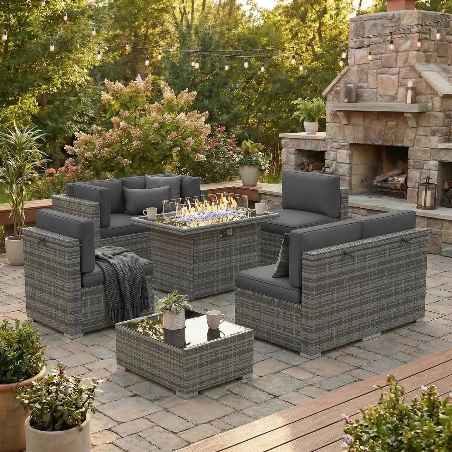 8 Pieces Patio Furniture Set with 44" Propane Gas Fire Pit