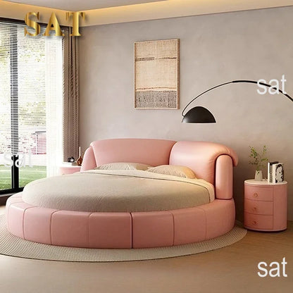 Luxury Modern Genuine Leather Round Double Bed