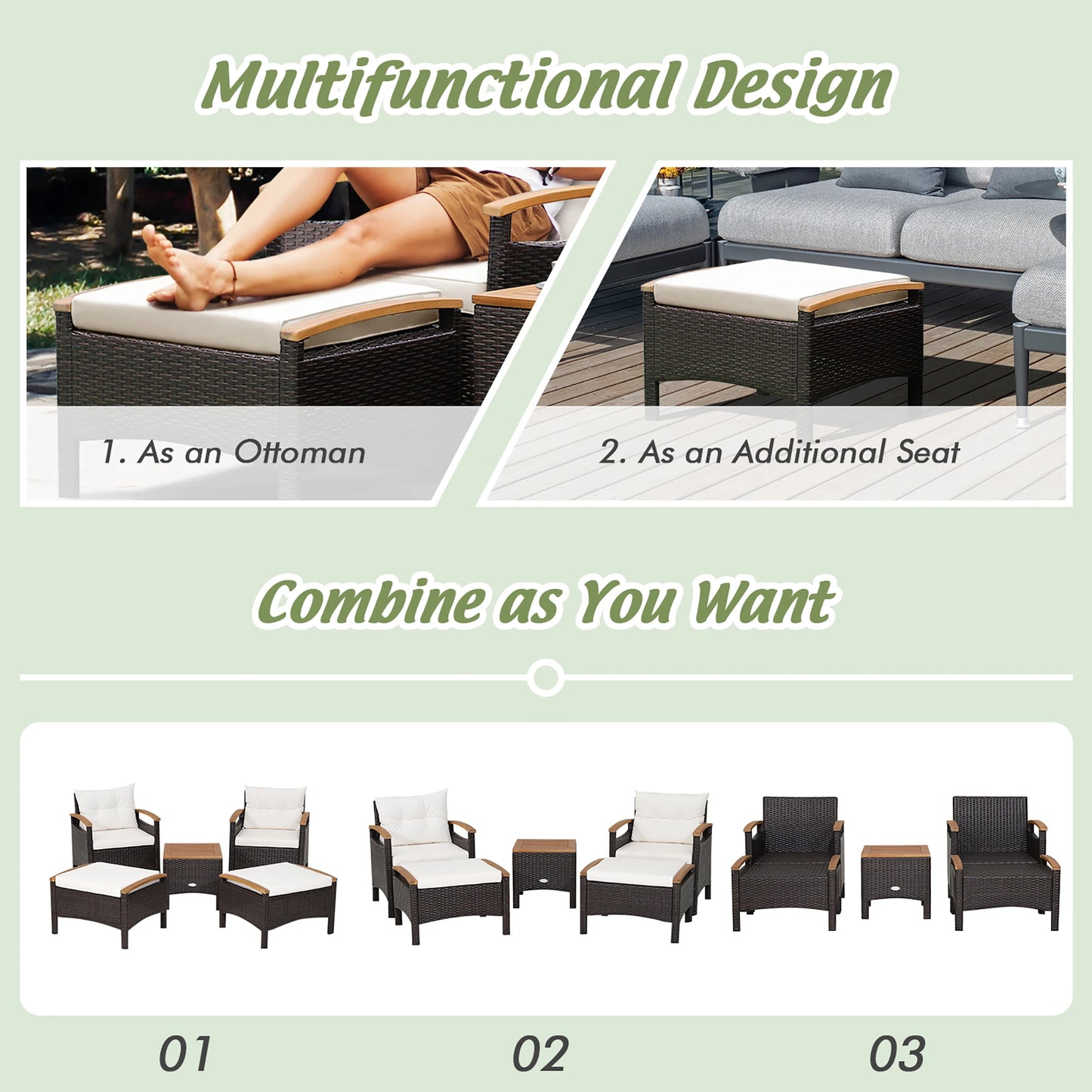 5PCS Patio Rattan Furniture Set Sofa Ottoman Cushioned