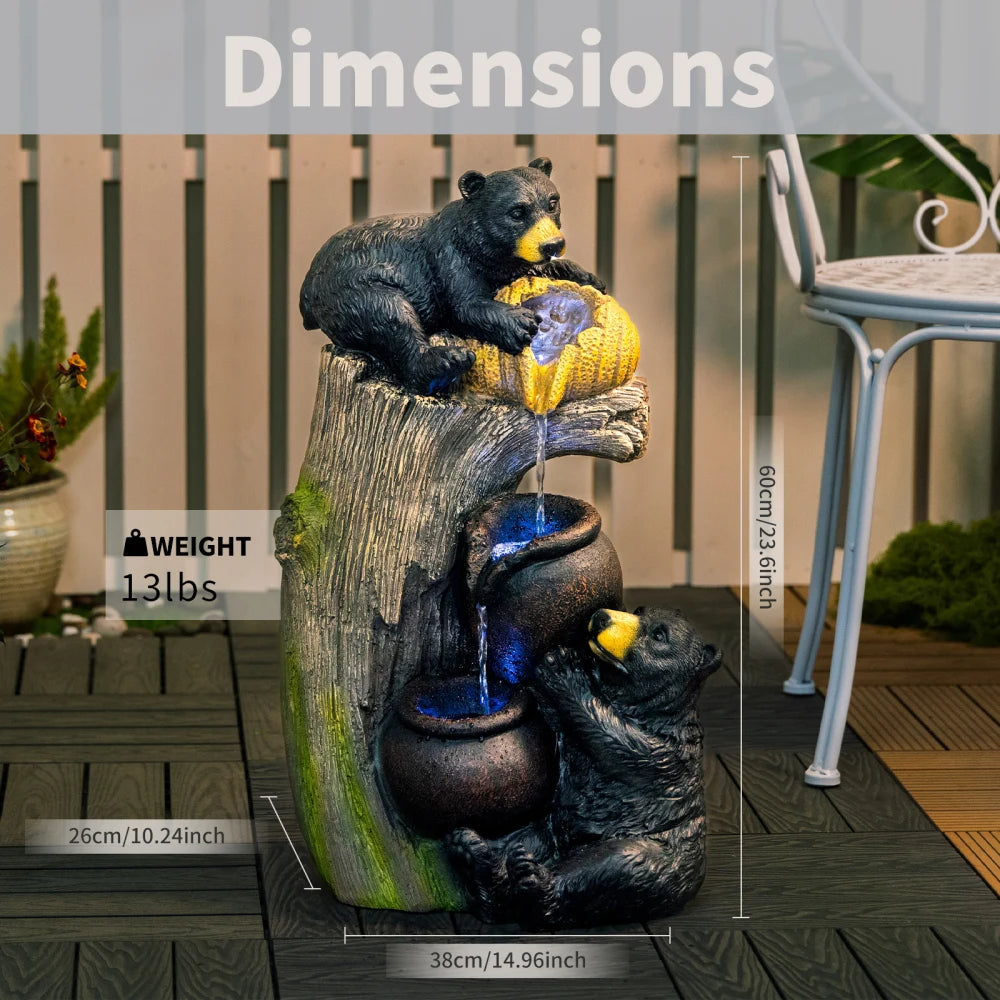 Bear Outdoor Water Fountain with LED Lights Cascading