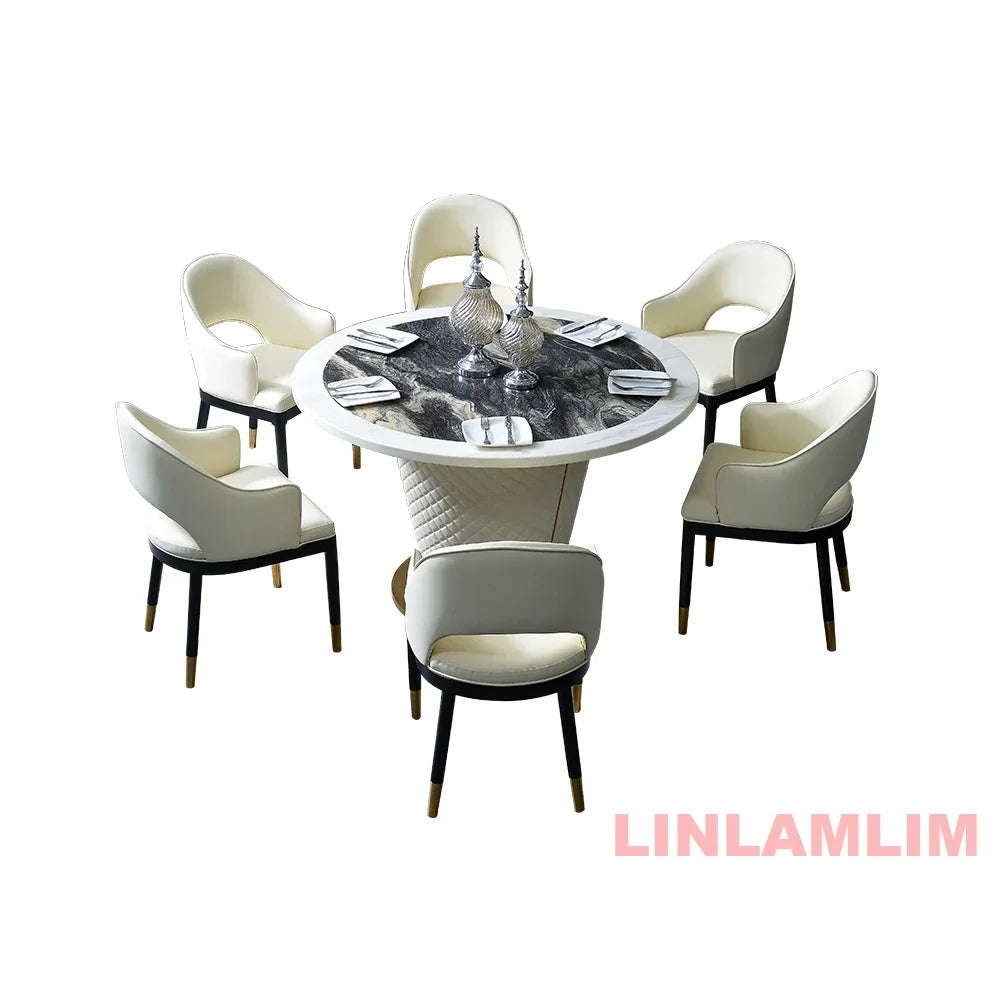 Marble Dining Table with 6 Upholstered Genuine Leather Chairs