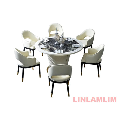 Marble Dining Table with 6 Upholstered Genuine Leather Chairs
