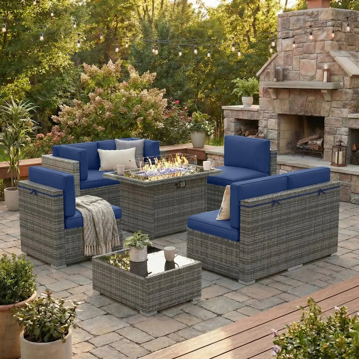 8 Pieces Patio Furniture Set with 44" Propane Gas Fire Pit