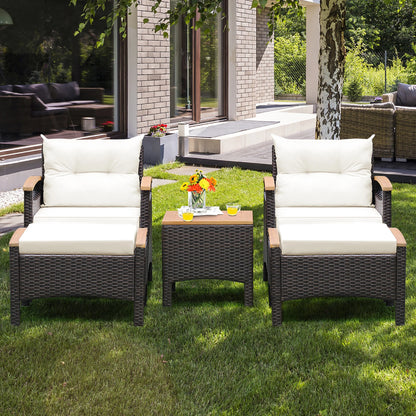 5PCS Patio Rattan Furniture Set Sofa Ottoman Cushioned