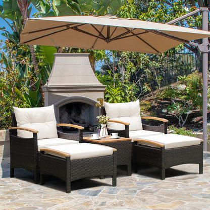 5PCS Patio Rattan Furniture Set Sofa Ottoman Cushioned