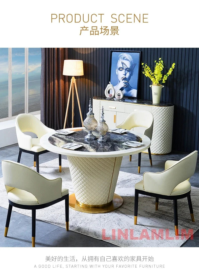 Marble Dining Table with 6 Upholstered Genuine Leather Chairs
