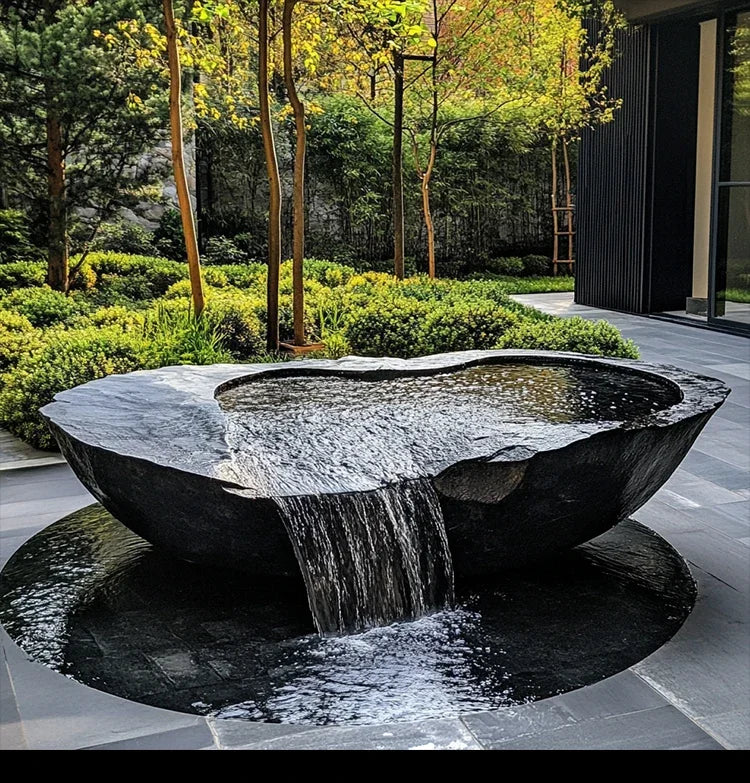 FZ  Black Mountain stone water bowl basin courtyard