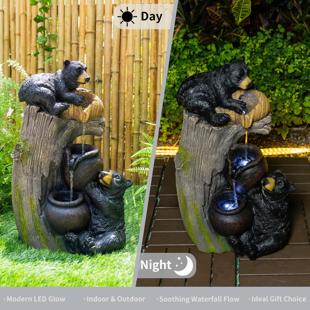 Bear Outdoor Water Fountain with LED Lights Cascading