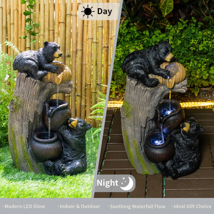 Bear Outdoor Water Fountain with LED Lights Cascading
