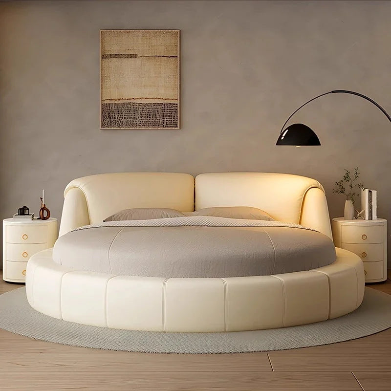 Luxury Modern Genuine Leather Round Double Bed