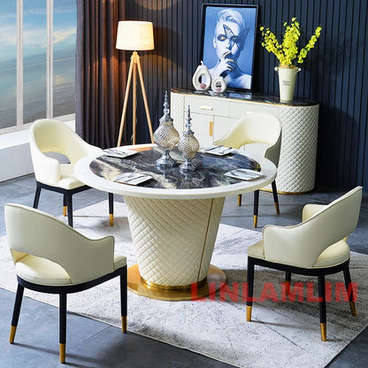 Marble Dining Table with 6 Upholstered Genuine Leather Chairs