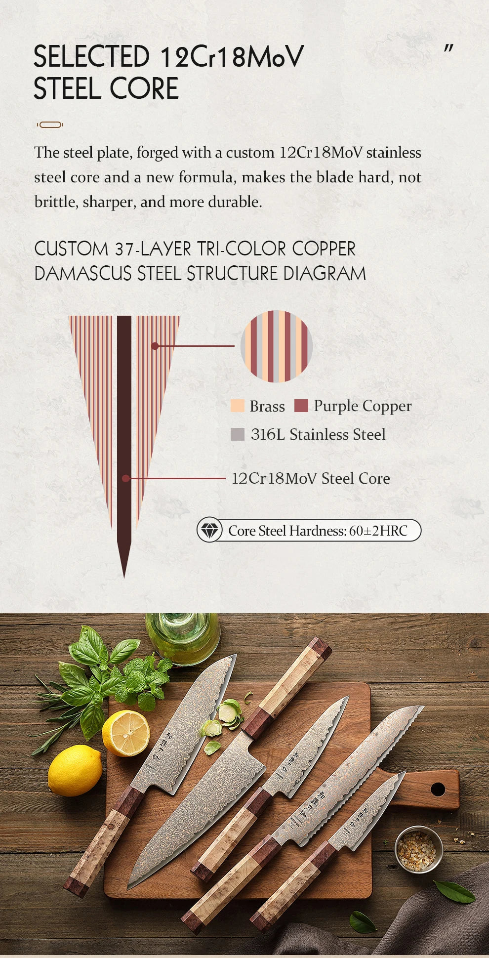 HEZHEN 5PC Knife Set 37 Layers Tri-Color Copper