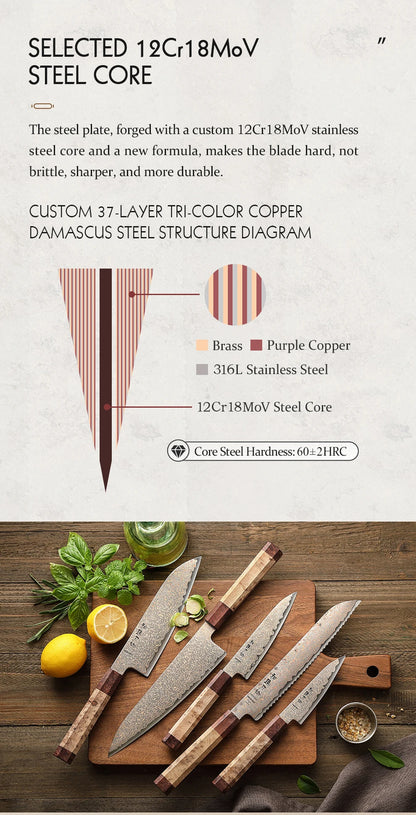 HEZHEN 5PC Knife Set 37 Layers Tri-Color Copper