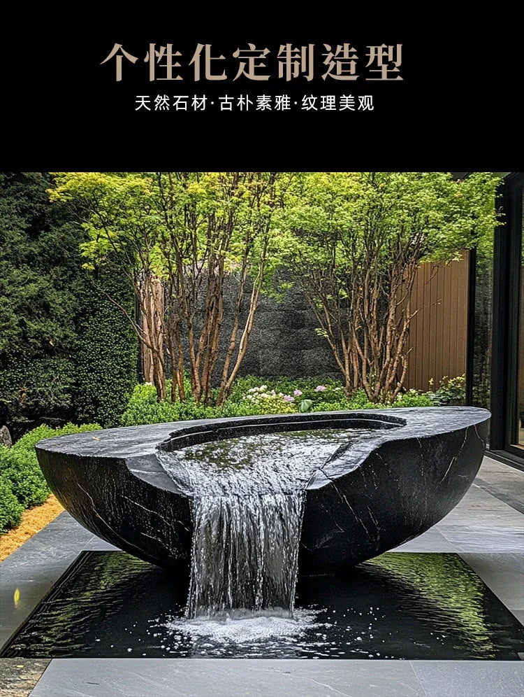 FZ  Black Mountain stone water bowl basin courtyard